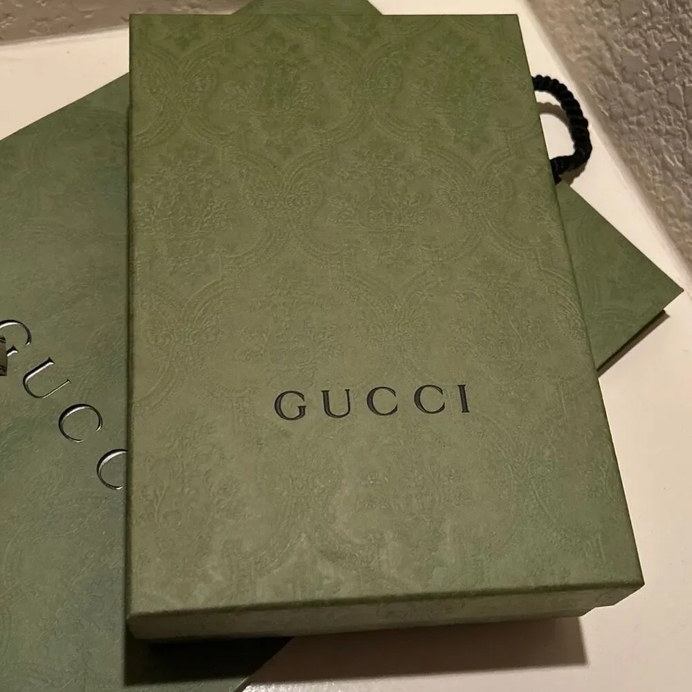 Gucci Shopping Bag Box & Ribbon Olive Green Gift Set Wrapping Small Size